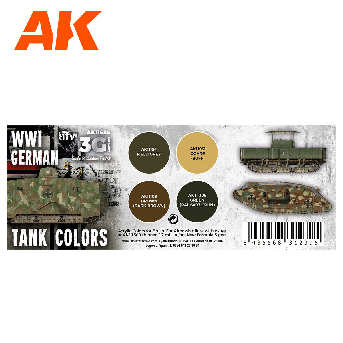AK-Interactive 3rd Gen Acrylics - WWI German Tank Colors Set (4 Paints)
