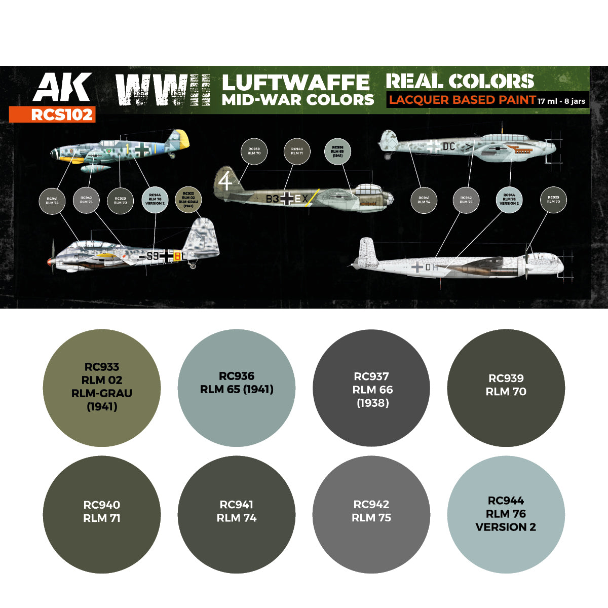 AK-Interactive: Real Colors Lacquer Paint Set WWII Luftwaffe Mid-War Colors (8 colors)