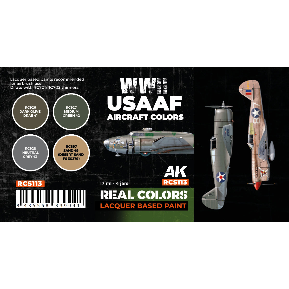 AK-Interactive: Real Colors Lacquer Paint Set WWII USAAF Aircraft Colors (4 colors) RCS113