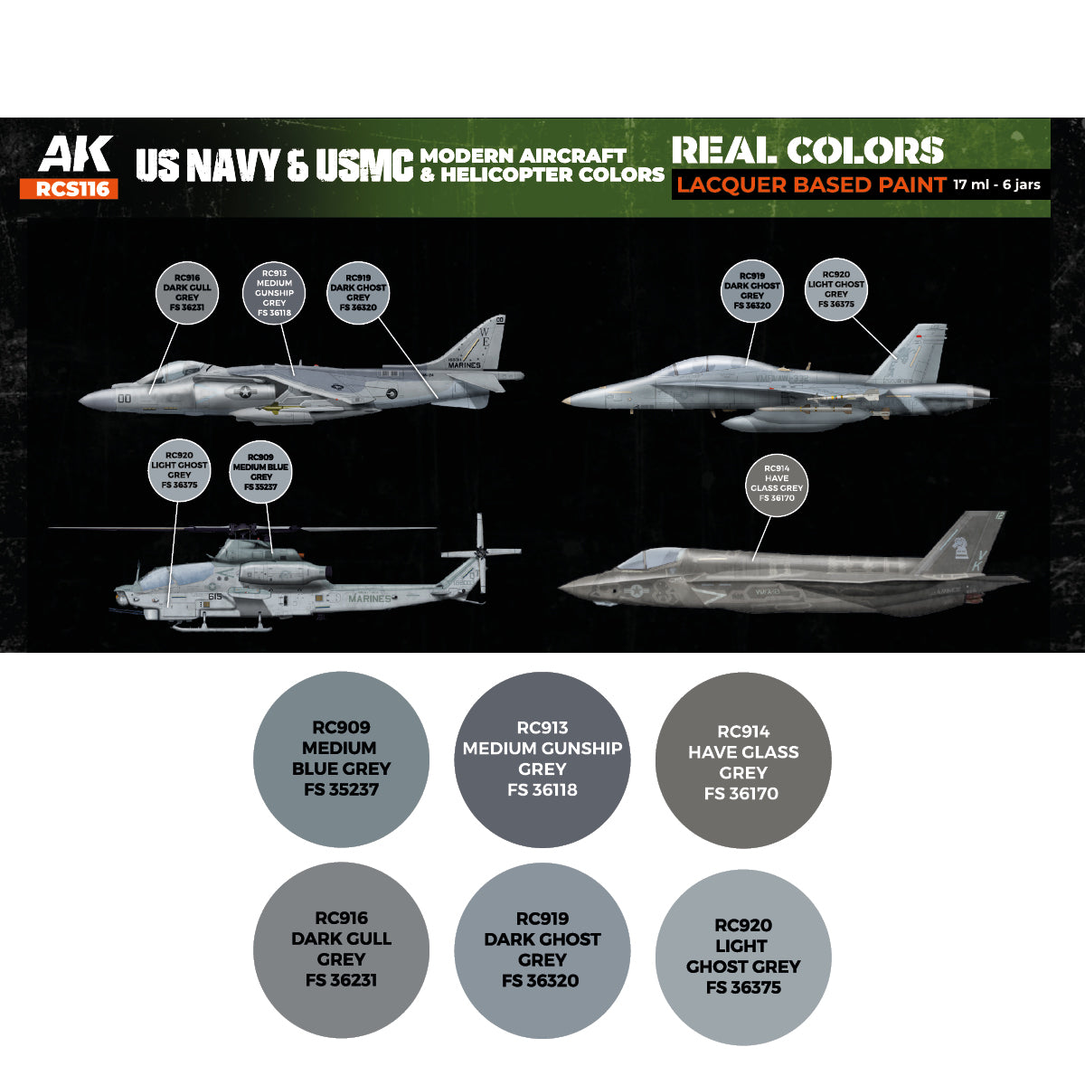 AK-Interactive: Real Colors Lacquer Paint Set US Navy & USMC Modern Aircraft & Helicopter (6 colors)