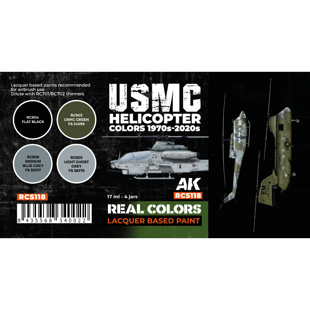 AK-Interactive: Real Colors Lacquer Paint Set USMC Helicopter Colors 1970s-today (4 colors)