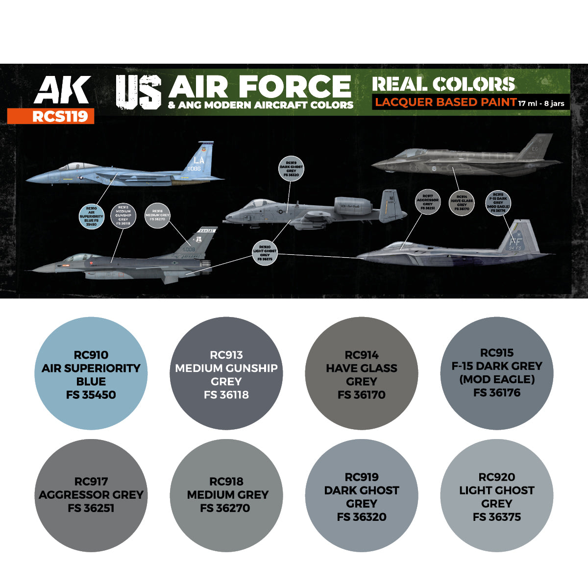 AK-Interactive: Real Colors Lacquer Paint Set US Air Force & ANG Modern Aircraft Colors (8 colors)