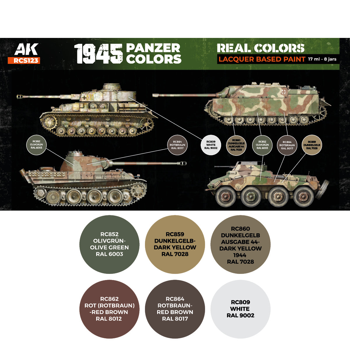 AK-Interactive: Real Colors Lacquer Paint Set 1945 Panzer Colors (6 colors)